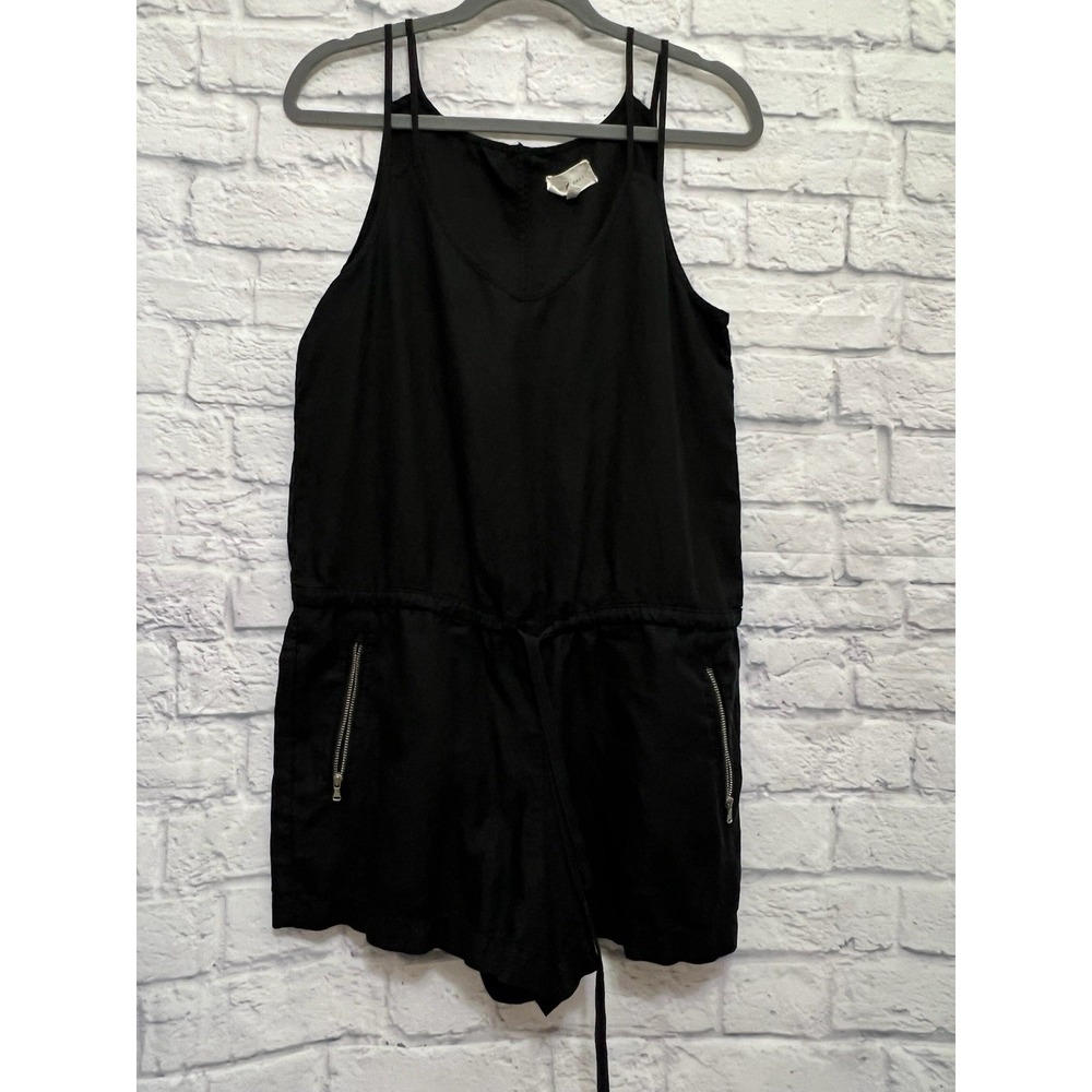 Lou & Grey Lyocell Linen Romper Zipper Pockets Black Keyhole Back Casual Size S